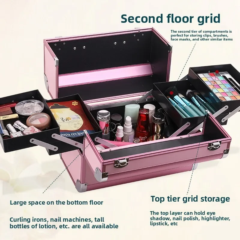 Large Capacity Double Open Makeup Case Aluminum Alloy Cosmetic Box for Salon Pro Tools and Travel Storage Makeup Rolling Case