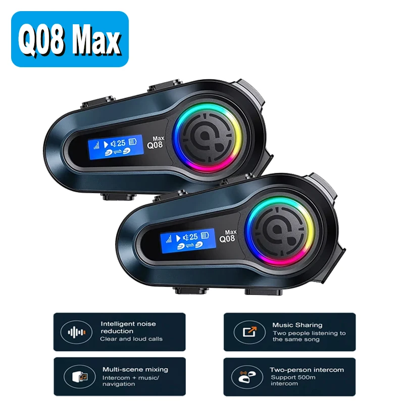 

Q08 Max Motorcycle Helmet Bluetooth Headset Intercom Distance 500M Music Sharing Multi-scene Mixing Waterproof Voice Assistant
