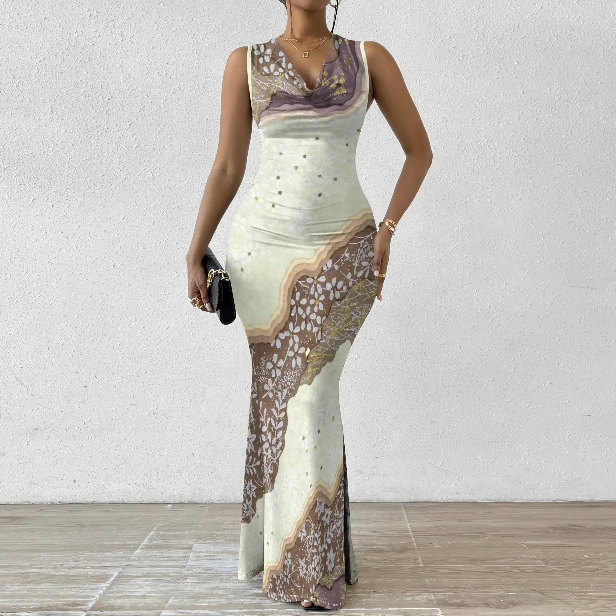 

Women's V-Neck Sleeveless Maxi Dress Geometric Lace Patchwork Print Elegant Formal Party Dress