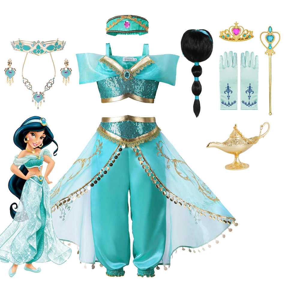 Jasmine Costume Girls Dress Aladdin The Magic Lamp Disney Princess Birthday Party Halloween Cosplay Kids Clothing Wig Crown Set