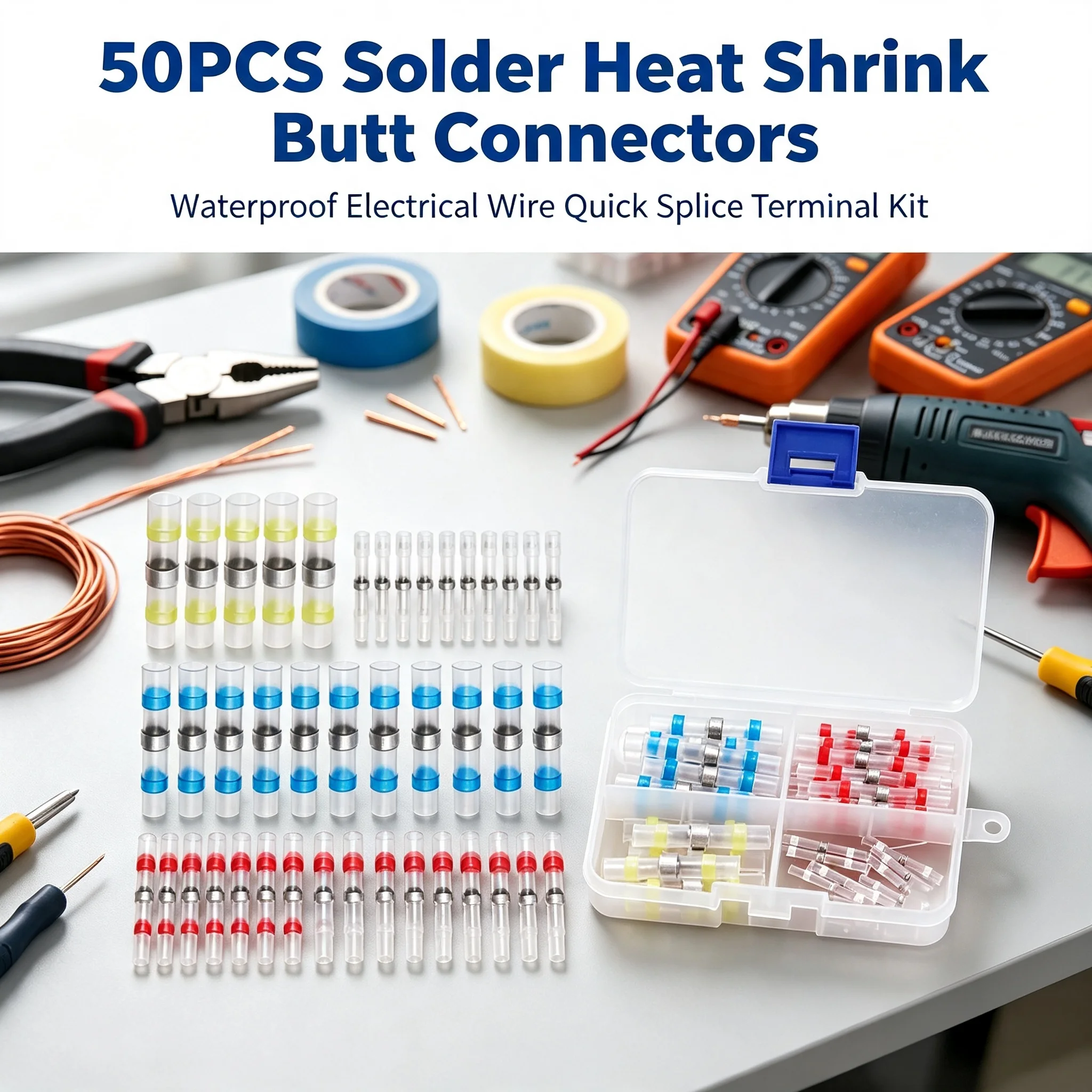 50PCS Waterproof Solder Heat Shrink Butt Terminals  Mixed Color 10W 23R 12B 5Y Electrical Cable Quick Connect Splice Wire Connec