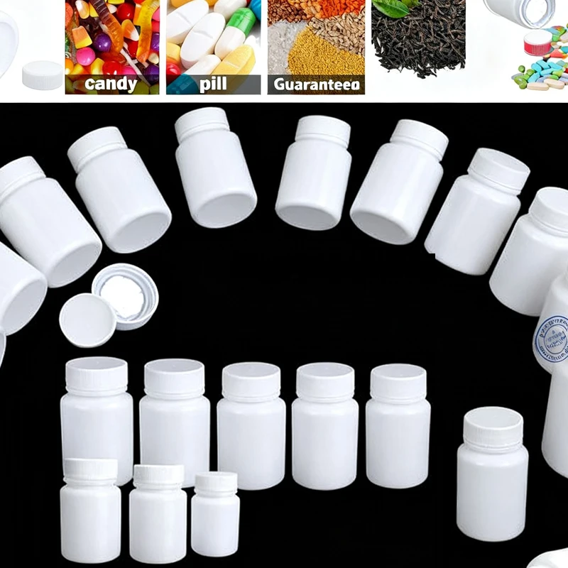 

30/50/100 шт. портативных пластиковых пустых флаконов из HDPE белого цвета объемом 15-100 мл, многоразовые дорожные контейнеры для твердых порошков и капсул
