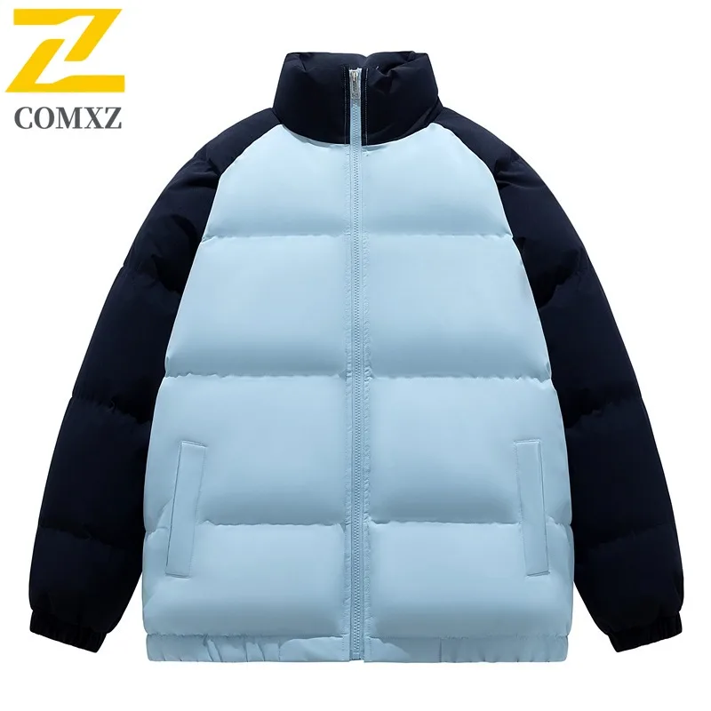 COMXZ Men Padding Coat Stand Collar Cold Proof Winter Jacket Color Block Windproof Zipper Pocket Casual Thickened Outerwear