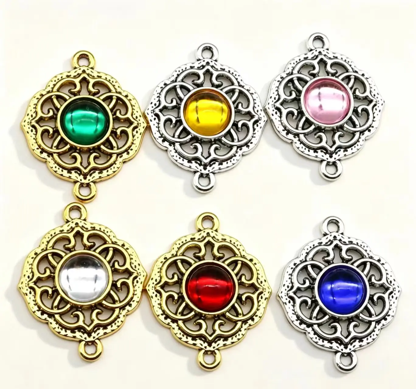 Antique Filigree Rhinestone Connecting Charms 2.7x2.2cm Two Loops Alloy Links Multicolor Gem Pendant Handmade Jewelry Accessorie