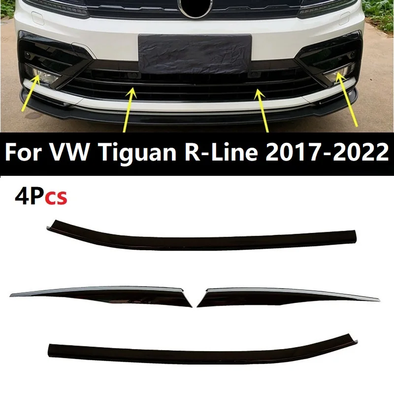 4PCS ABS Glossy Black For VW Tiguan R-Line 2017-2022 Front Grille Grill Moulding Strips Fog Light Cover Trim Styling Mouldings
