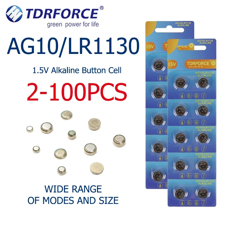 

2-100PCS AG10/LR54 Button Batteries lr54/lr1130 Electronic Battery 1.5V Alkaline Button Coin Batteries 70mAh for Watch LED Light