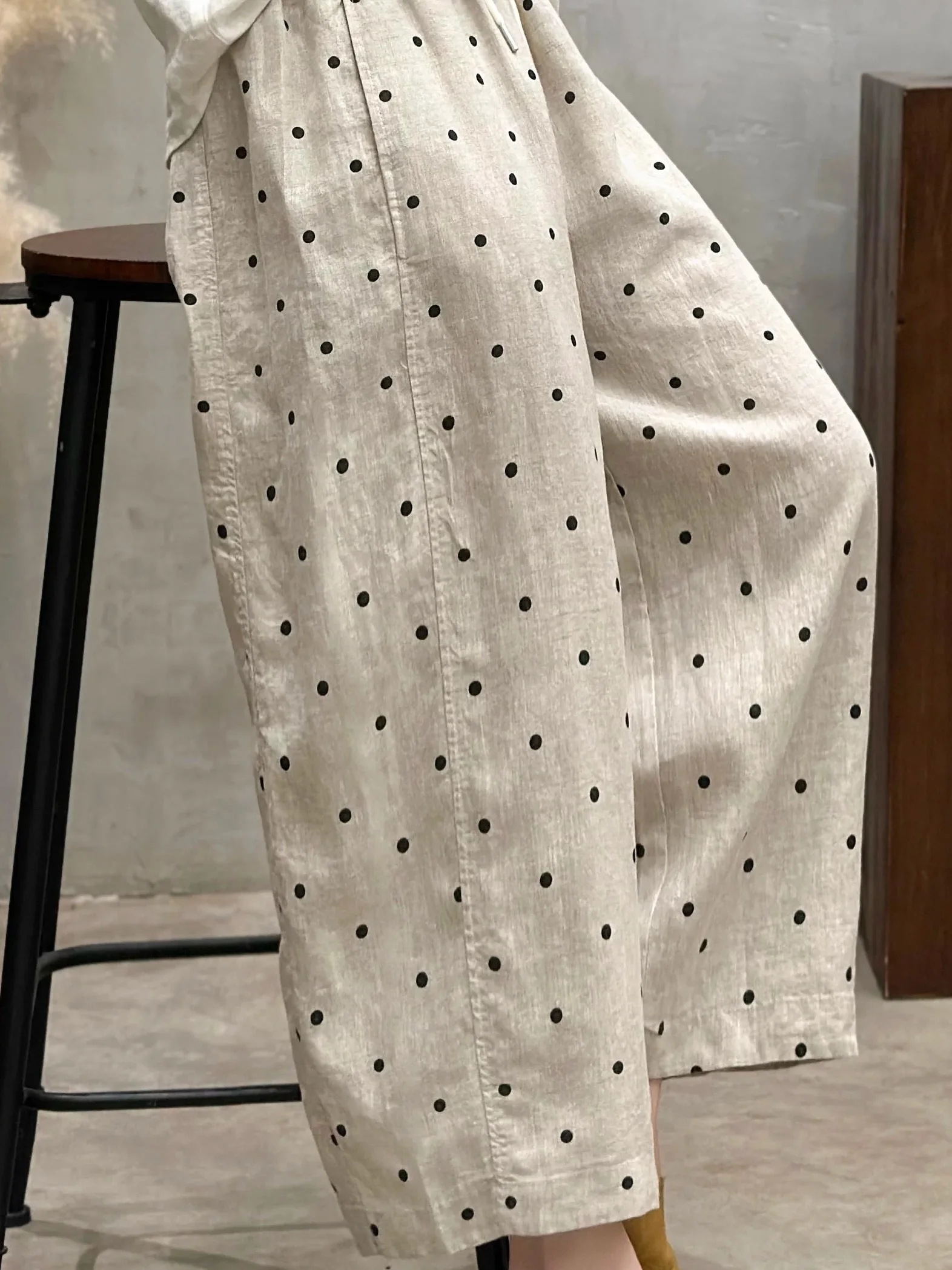 Cotton Linen Polka Dot Artistic Wide Leg Pants Women Summer New Loose Nine Points Casual Straight Leg Pants Versatile High Waist