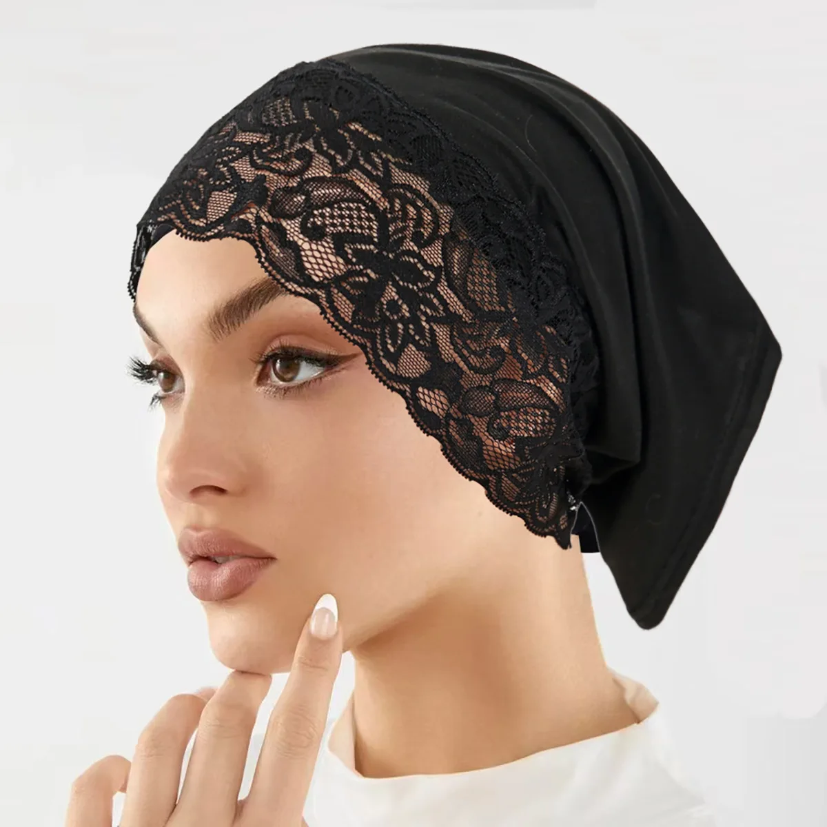New Solid Color Lace Turban Hat for Women, Malaysian Style Stretch Head Wrap Cap, Soft Breathable Casual Daily Headwear