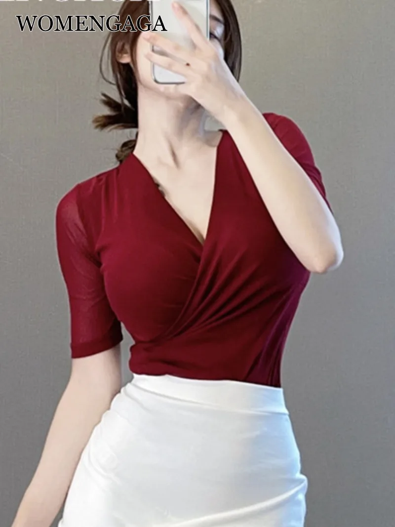 

WOMENGAGA Cherries Red Cross Basis TShirt Goddess Half sleeve Elegant Office Lady Slim Female Tees Mesh Thin Hot Sexy Korean 8OJ