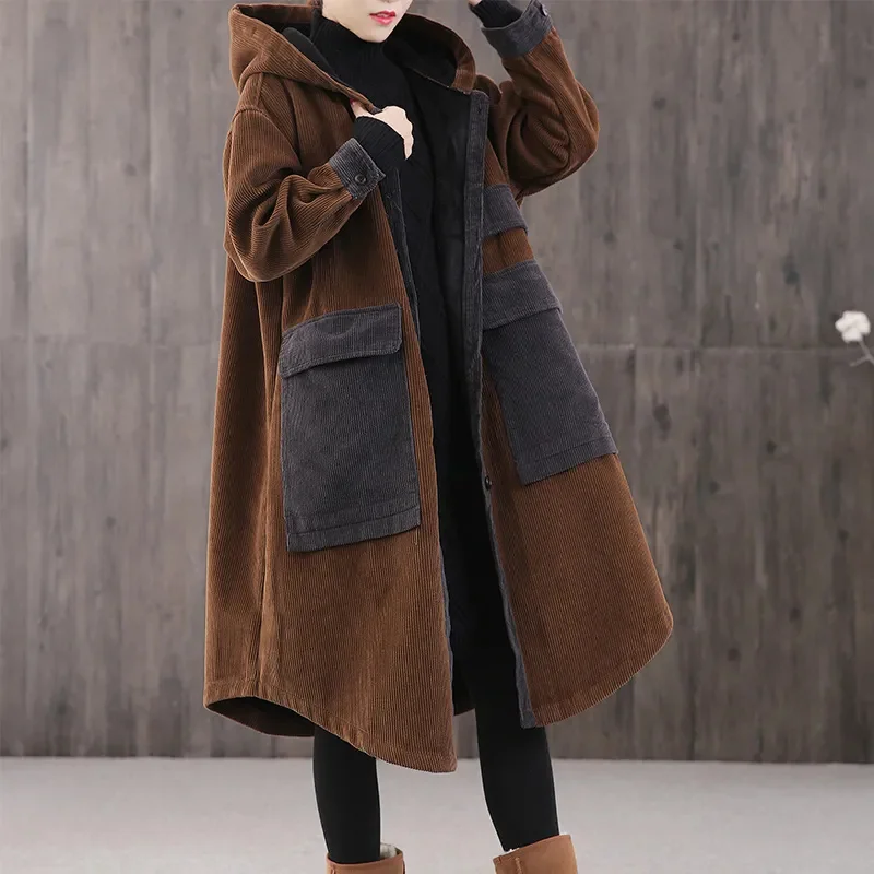 Oversize itself Women's Corduroy Jacket New Women Winter Fleece Coat Thicken Windbreaker Hooded Jacket Lady Overcoat C568