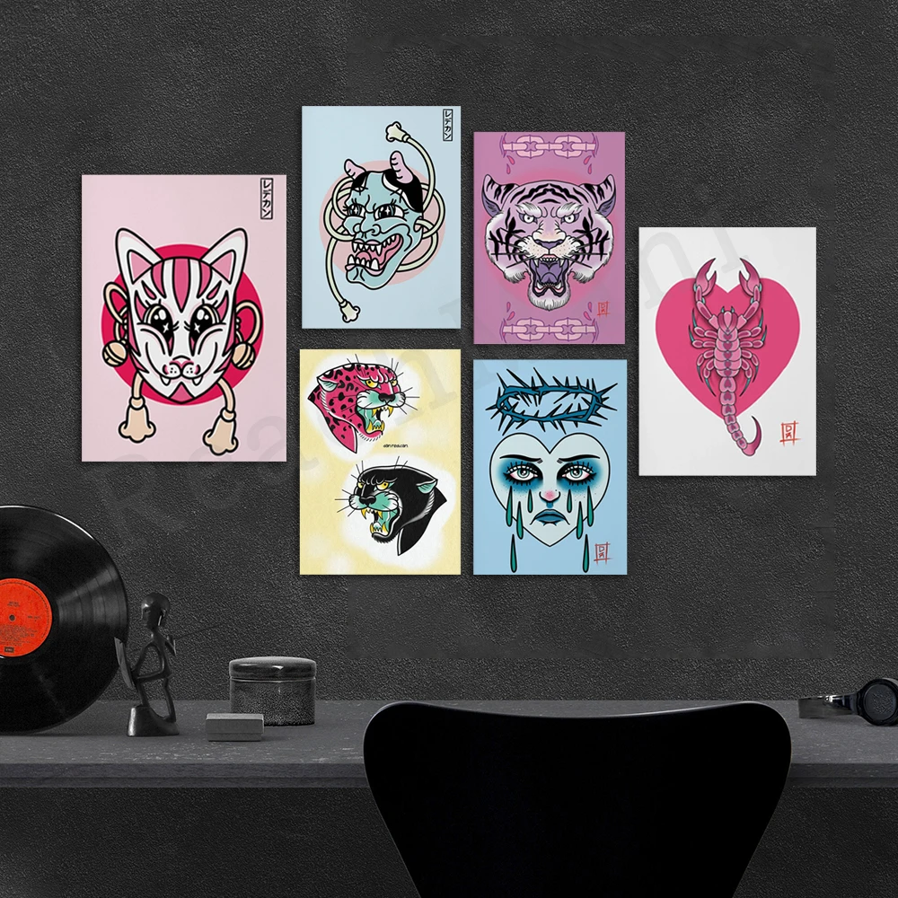 Traditional tattoo print - moth, purple tiger and chain, leopard face, tiger, dragon head, scorpion, traditional tattoo poster