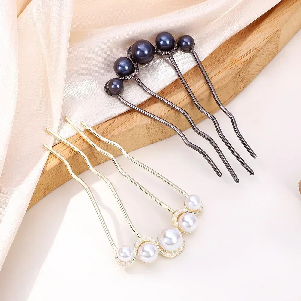 Black Pearl Hair Fork Clip Women Girls Hair Pin Combs Messy Bun Hairpins Clip Side Combs Updo Sticks Hair Accessories Gifts