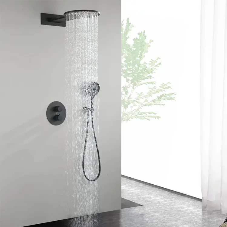 

Luxury Brass Bathroom shower faucet set Rainfall Waterfall Shower set Three Functions Black Wall Mounted Hot Cold water shower