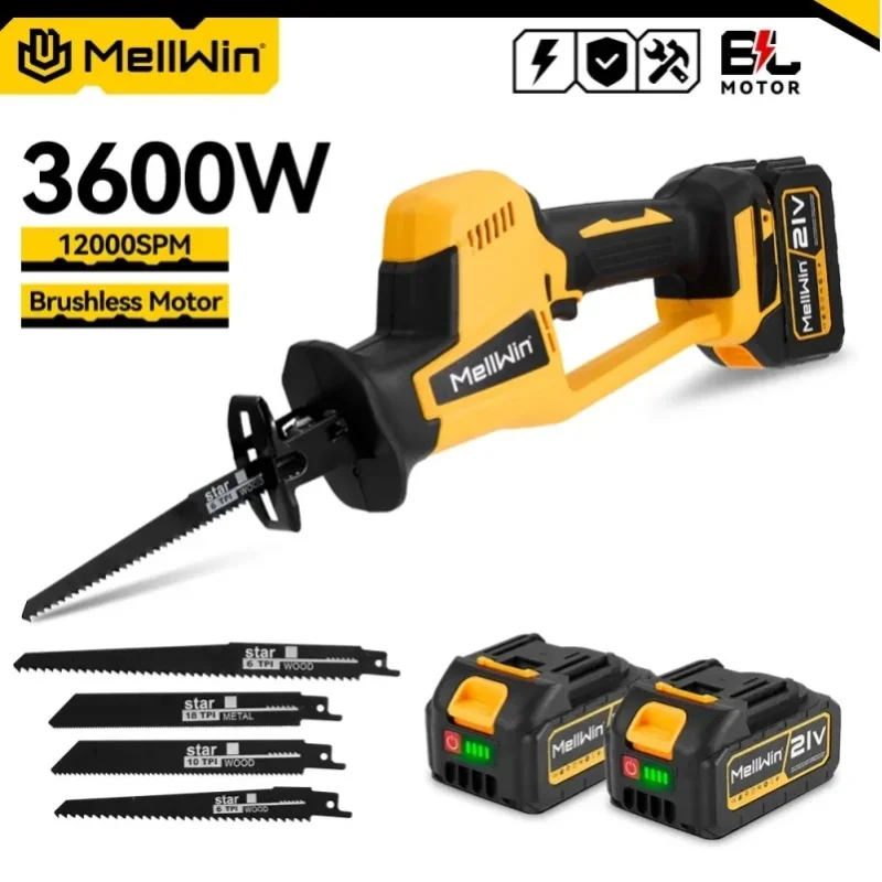 MELLWIN Bürstenlose elektrische Säbelsäge 3600W, tragbare Schneidesäge mit 4 Multiklingen, Holz- und Metallsäge, Gartensäge für Makita 18V Akku