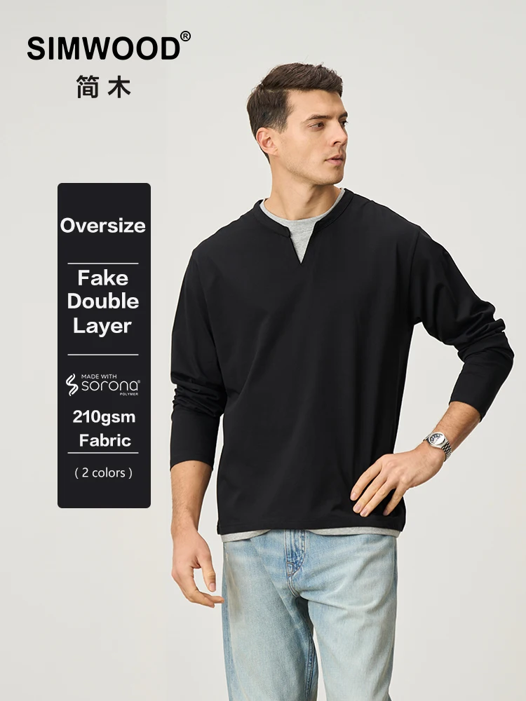 

SIMWOOD Autumn New Long Sleeve T-shirts Men Fake Double Layer 210gsm Sorona Fabric Tops