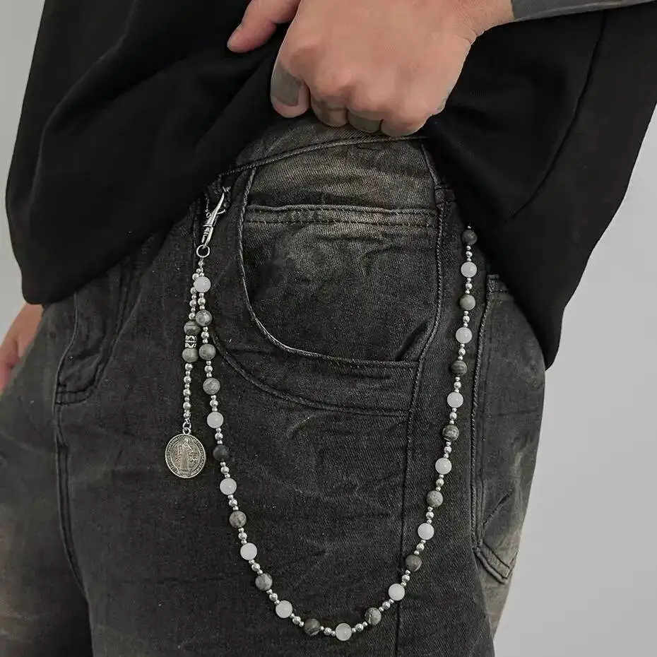 SHIXIN HipHop Minimalistischer Glasperlen-Schlüsselanhänger Herren Vintage Punk Silberfarbener Runder Statuen-Anhänger Hosenkette Dekoration Schmuck