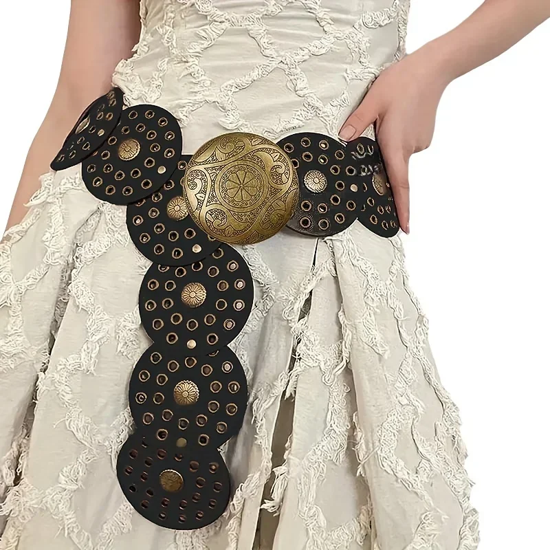 Women belt Spice Girl Y2K Harajuku Style Vintage Rivet Patchwork Design Wide Belts For Women High Street Faux Leather Waistband