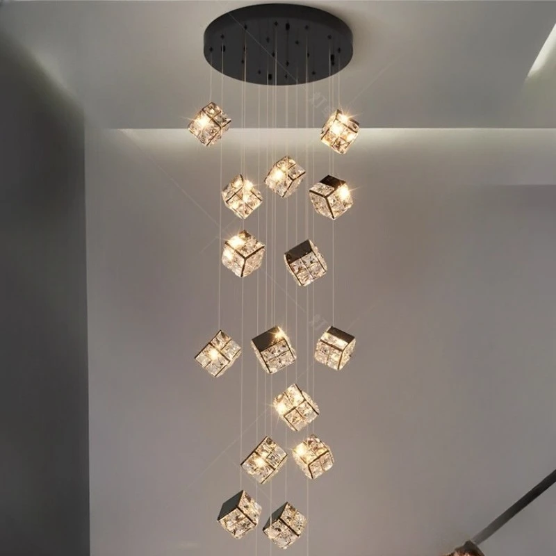 

Современный квадратный подвесной светильник из нержавеющей стали, хрустальный потолочный подвесной светильник для гостиной, ресторана, дуплексной лестницы, люстра для отеля