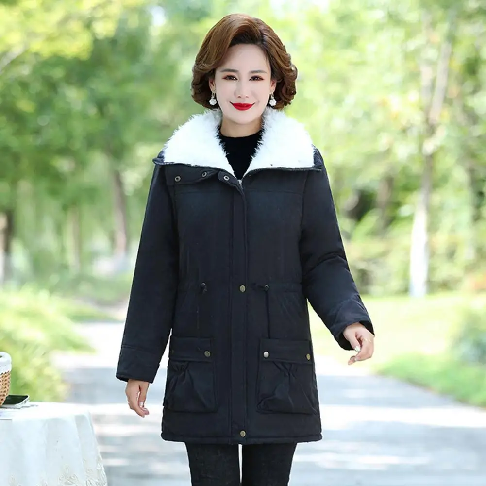 Winter Women Jacket Thickened Turn-down Collar Long Sleeves Plush Coat Mid Length Elastic Waist Pockets Zipper Closure Coat