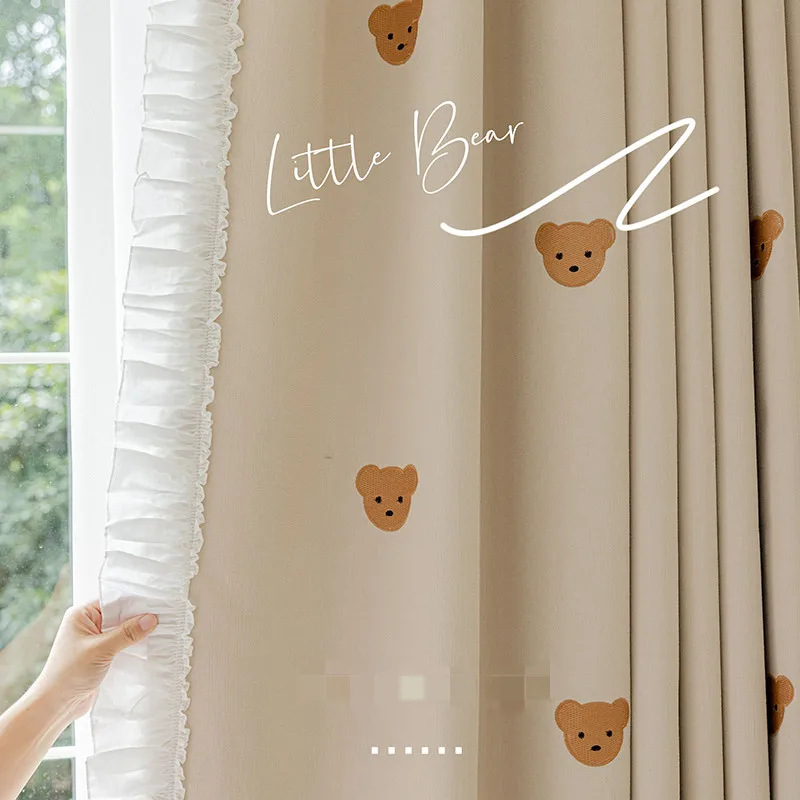 Custom curtain bear cute cartoon children girl boy lace bedroom cloth cotton embroidery blackout curtain tulle  drape M1496