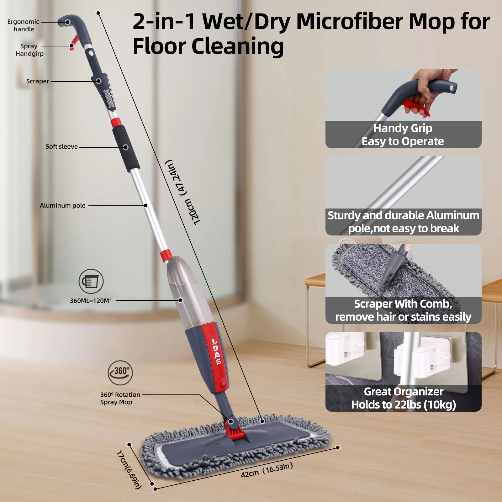 DARIS Spray Mop, 360ml Bottle, 4 Microfiber Mop Pads, Scraper, Mop Clip, Wet and Dry Use, Flat Floor Cleaning Mop