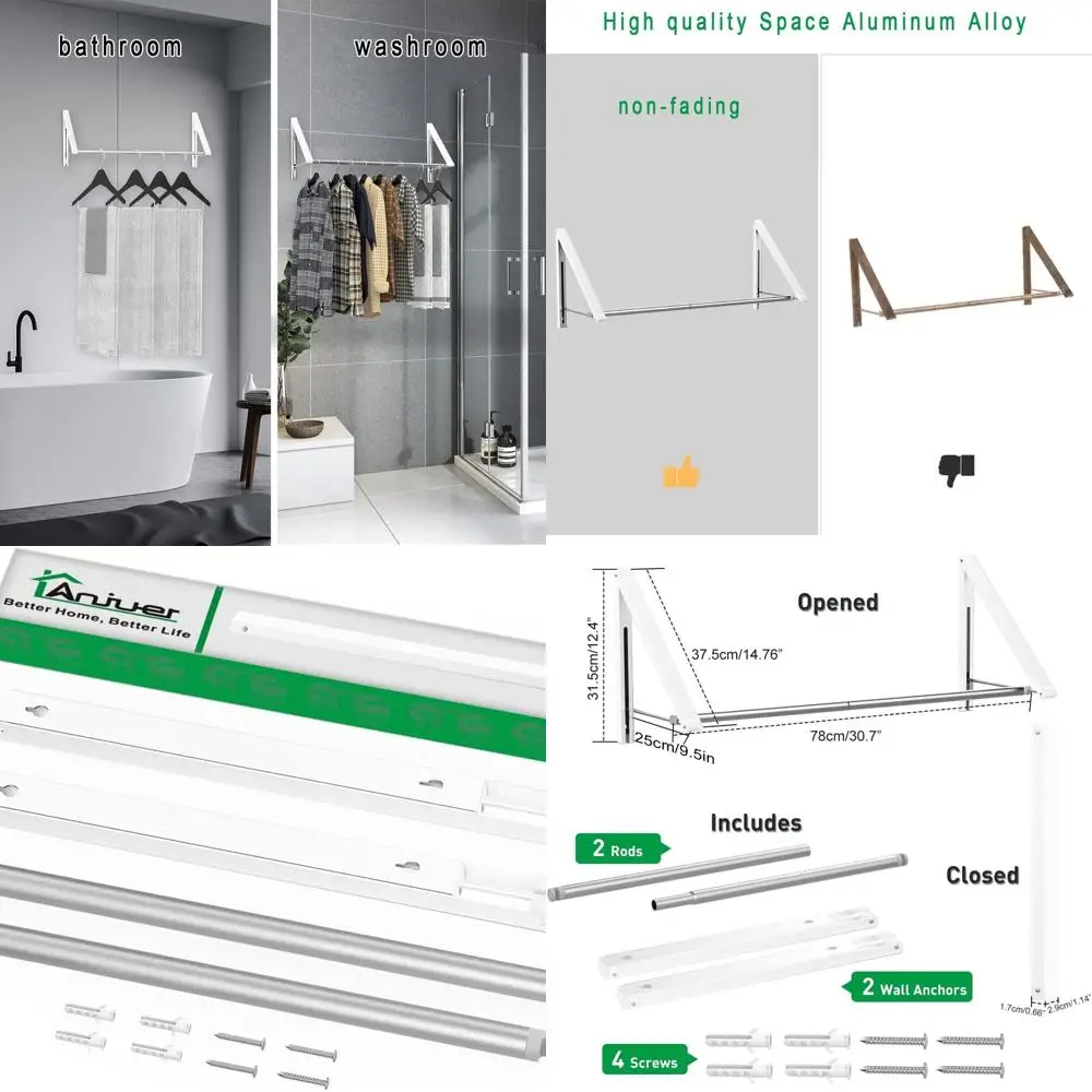 

White Wall-Mounted Laundry Drying Rack with Folding Coat Hanger, Aluminum Storage Organizer for Home, 2 Racks Including Rod