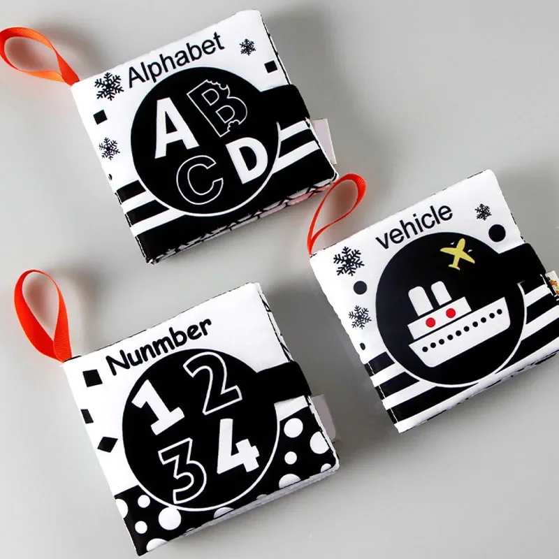 Montessori Kids Education Interactive Polyester Black White Cloth Books Soft Alphabet Vehicle Number Newborn Baby Washable Toys