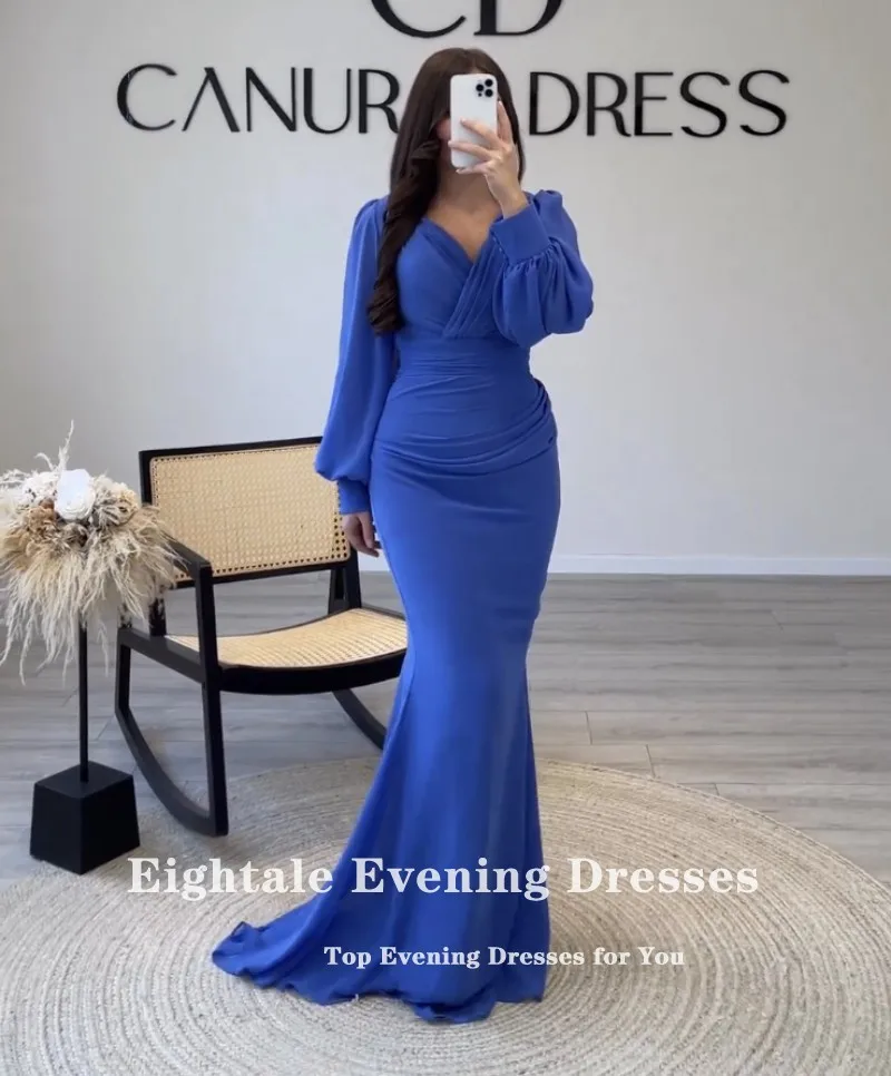 Eightale Arabic Evening Dresses for Wedding Party V-Neck Chiffon Mermaid Long Puffy Sleeves Blue Formal Celebrity Prom Gowns