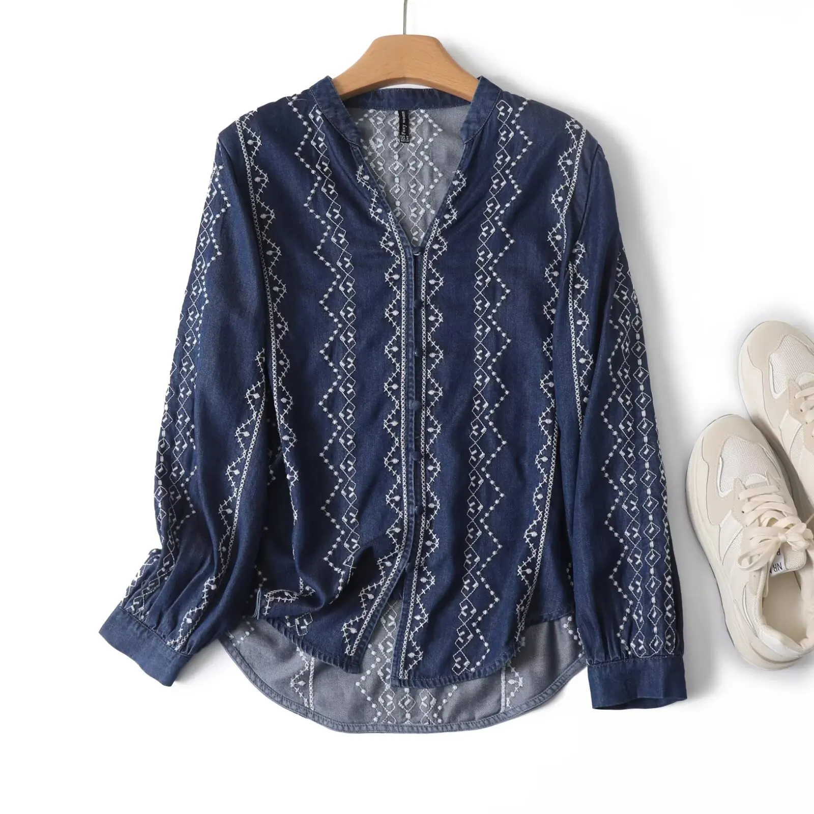 New 2025 Autumn Long Sleeve Tence Denim Shirt, Women V Neck Embroidery, Mori Girl Retro Simplicity Commute Loose Blouse T56116CC