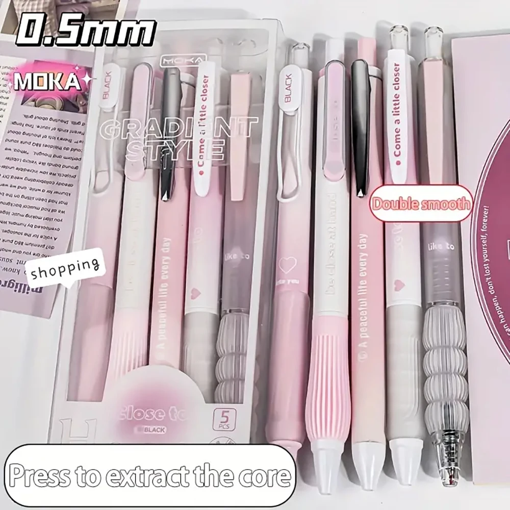

5 pcs of pink gel pens, quick drying, black 0.5mm ball point pens, stationery for students, neutral pens, moving pens