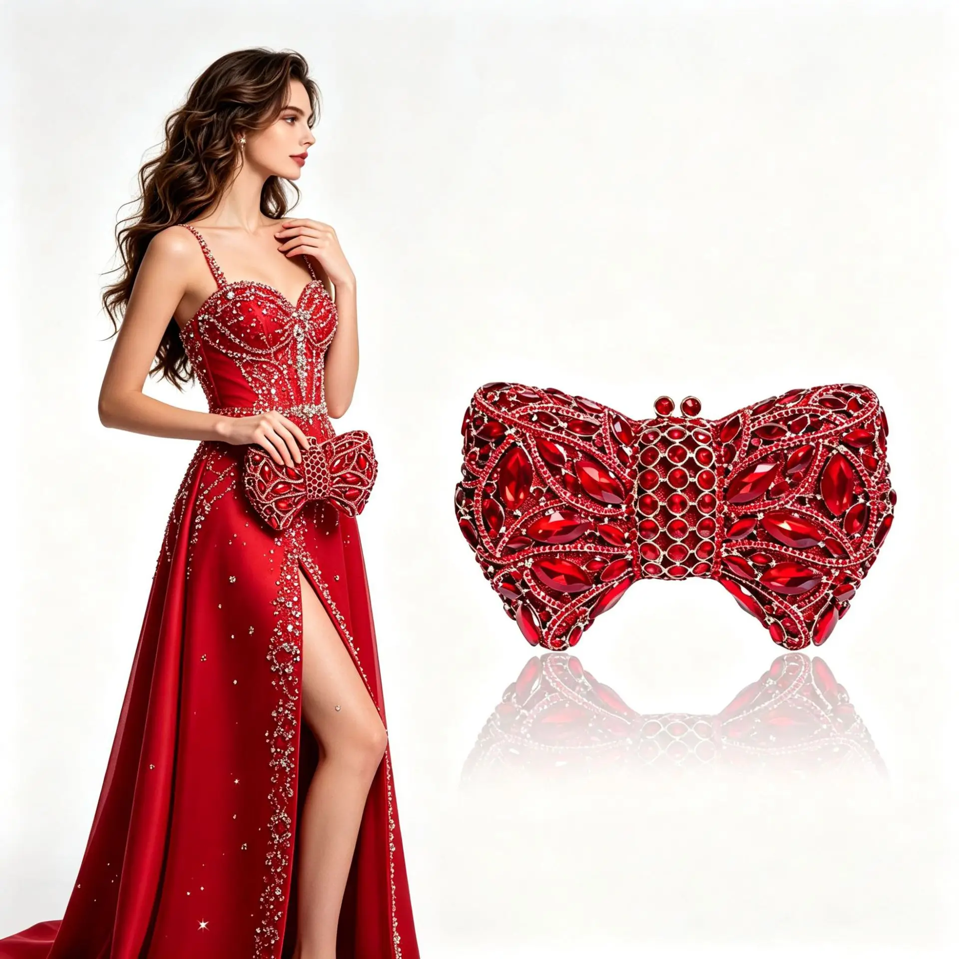 Red bow heavy industry full diamond dinner bag, three-dimensional rhinestone clutch bag, wedding dress chain small bag