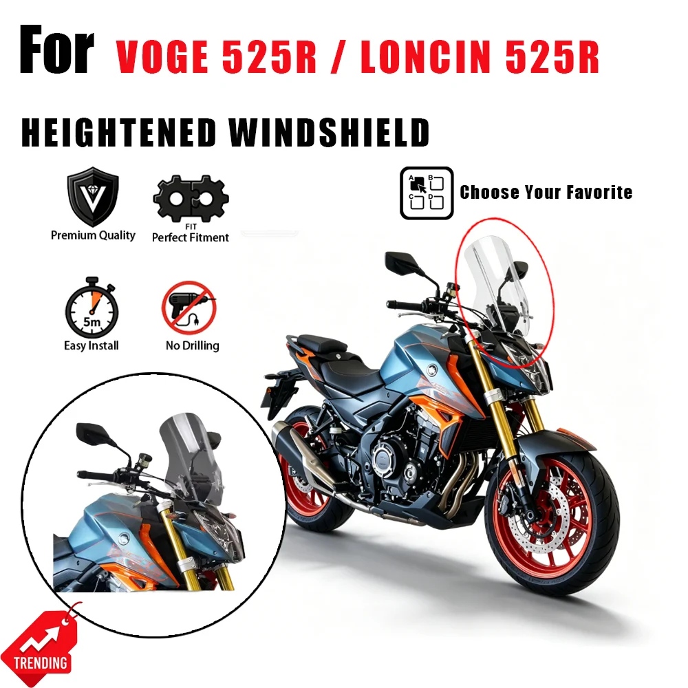 

For VOGE 525R 525 R Loncin Motorcycle Windshield Heightened Windscreen HD Clear Wind Deflector Body Chest Protection Accessories