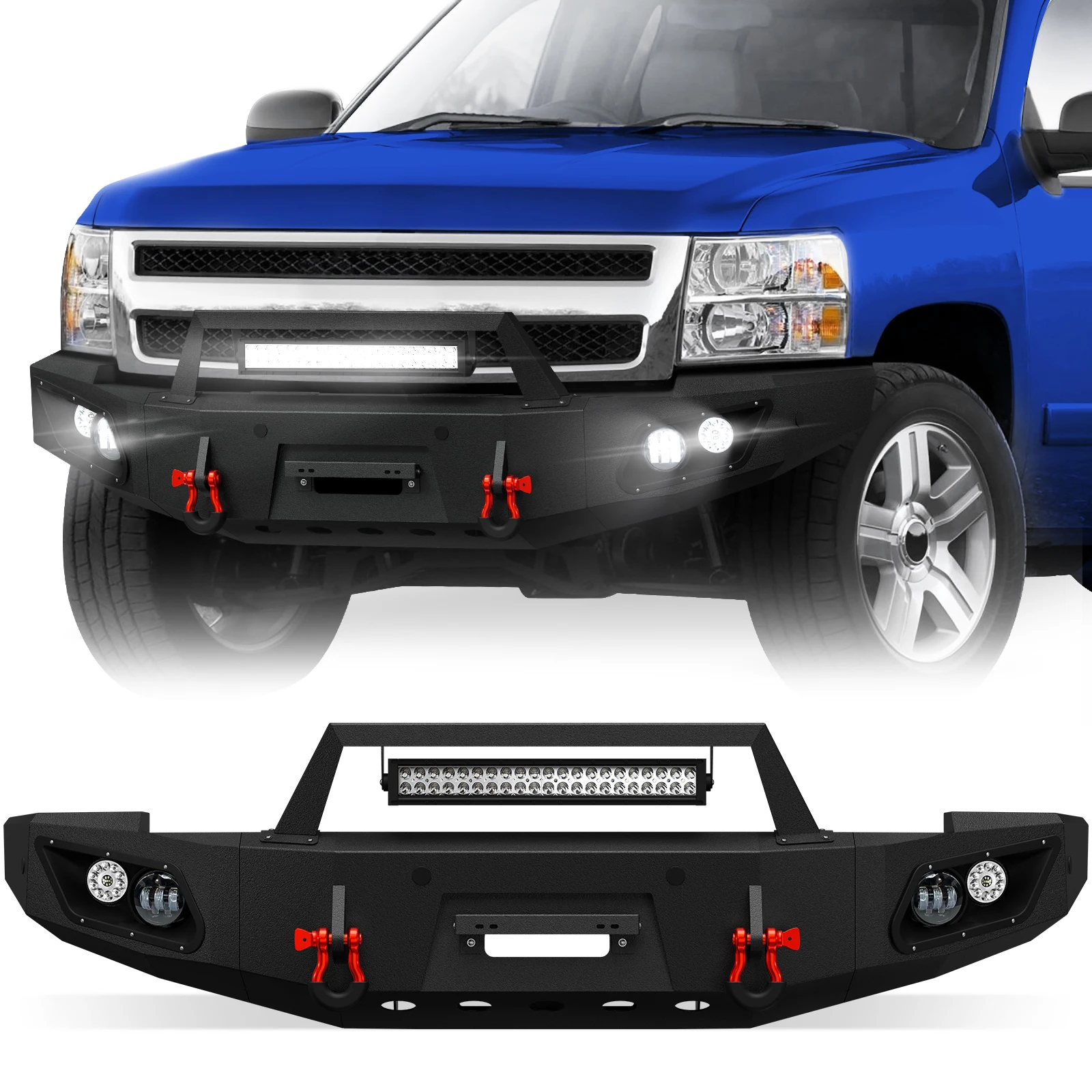 

Передний бампер с 5 светодиодными фарами, кронштейном для номерного знака, D-образными кольцами для внедорожного пикапа Chevrolet Silverado 1500 2-го поколения 2007-2013 годов выпуска