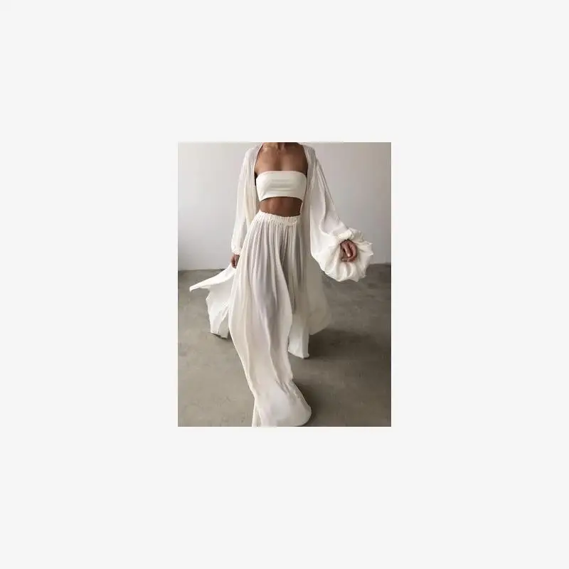 

Sexy Long Sve Lantern Suit Women's Faion Set New Arrival Tube Top Skirt Pants plus Size 3 Piece Set Summer Polyester