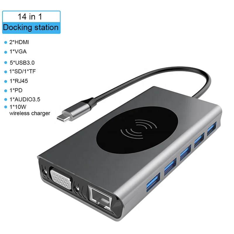 14 in 1 Multifunctional USB-C to Dual HDMI Hub with Ethernet, USB-C, USB 3.0 and Card Reader, Laptop Docking Station Adapter