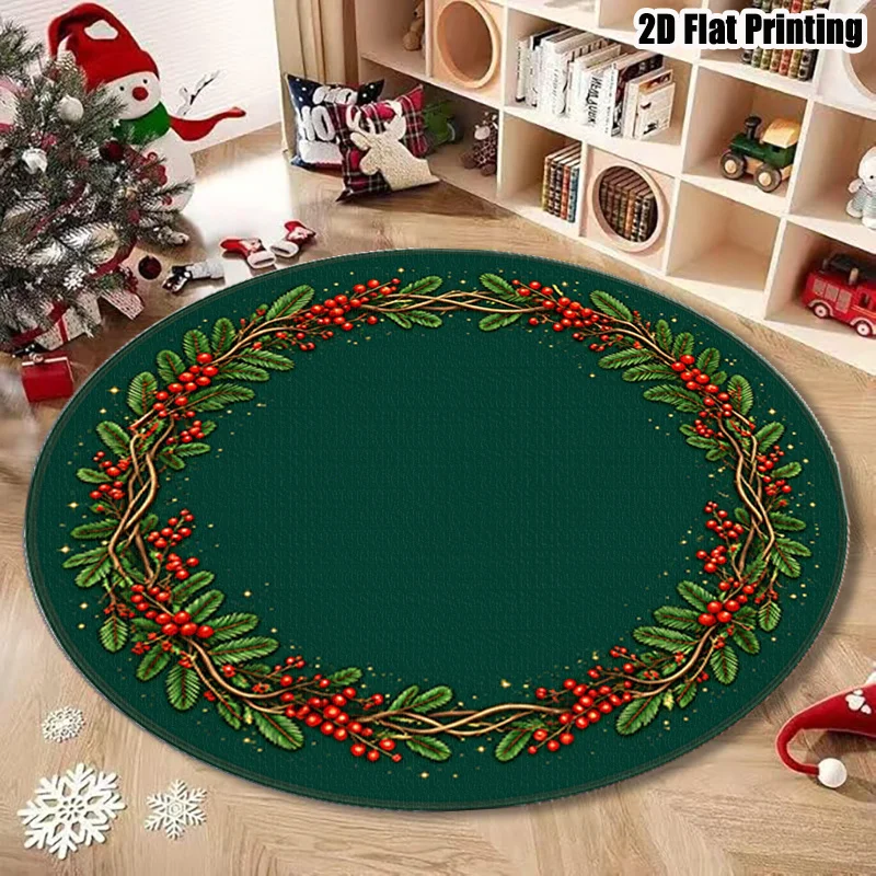 Christmas Wreath Round Area Rug Red Berry Pine Needle Circle Carpet Washable Non Slip Dark Green Living Room Floor Decor