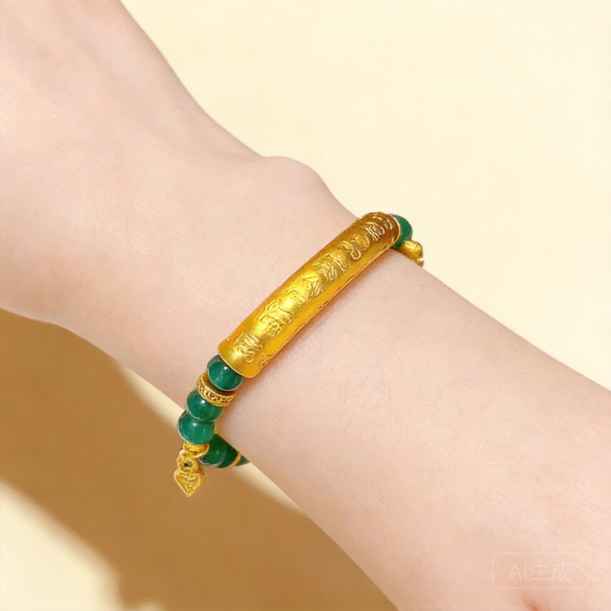 Chinese Style Lucky Blessing Traditional Hundred Fu Curved Bar Vajra Green Chalcedony Beaded Bracelet Vintage Wealth Attracting