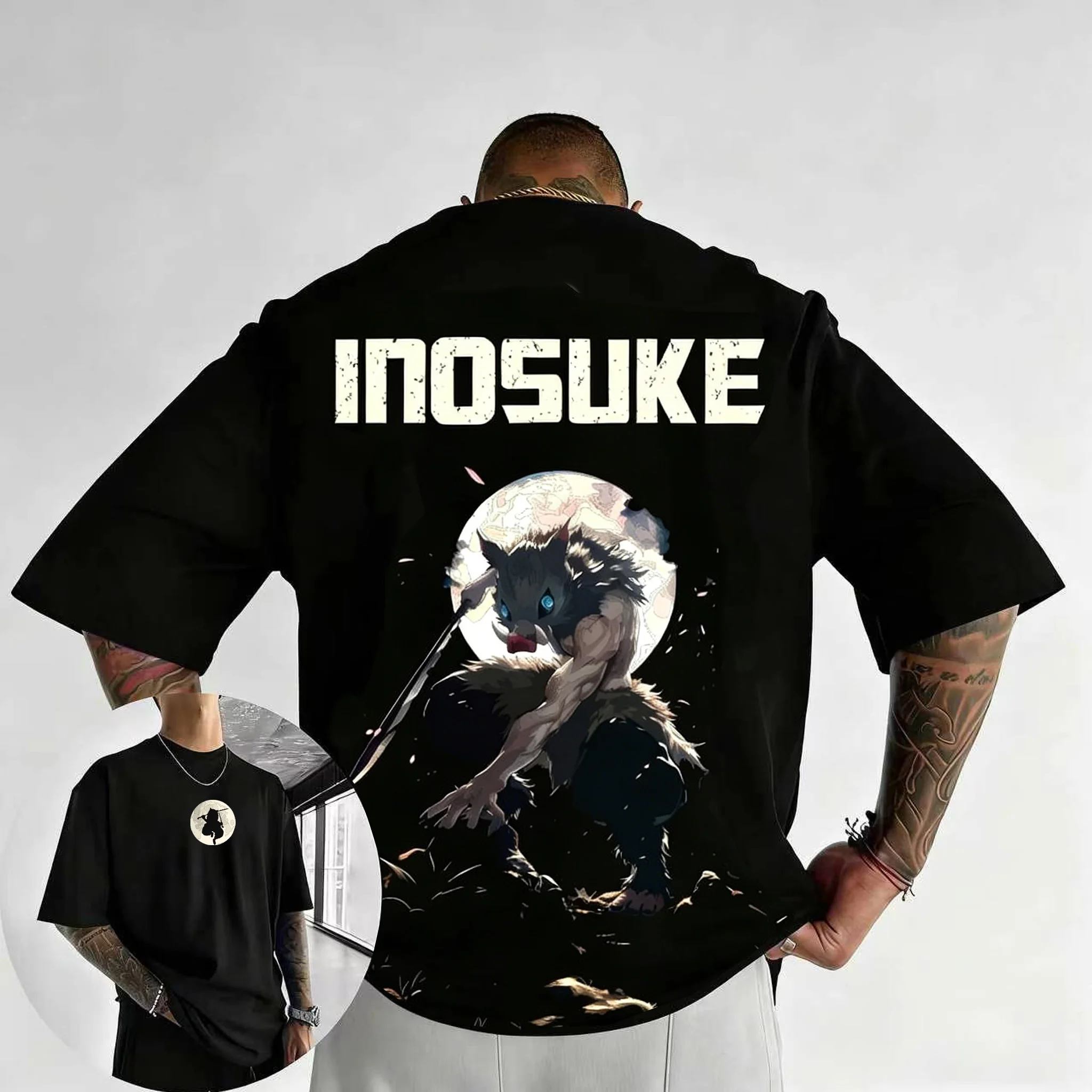 Camiseta Oversize de Algodón Puro de Alto Gramaje Y2K 2026 de Verano para Hombre y Mujer, Diseño Inosuke Anime Demon Slayer Beast Breathing Reg Fit