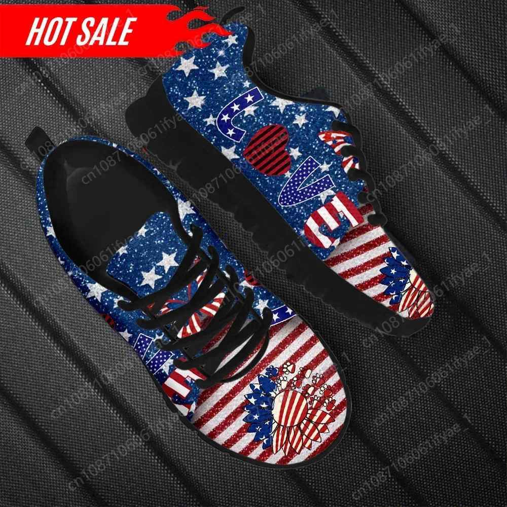 2024 New Style Women Lace up Running Sneakers Stylish American Sunflower Love Design Female Flat Shoes Chaussures