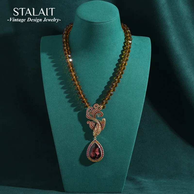 

Vintage Beads Necklace Natural Stone Purple Crystal Pendant Water Drop Gold Color For Women Accessories Antique Jewelry 2025