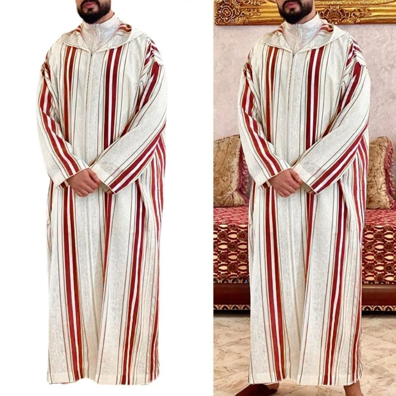 

Islamic Arabic Clothing Men Djellaba Dubai Abaya Muslim Kaftan Middle East Caftan Casual Hooded Striped Robe Jubba Thobe