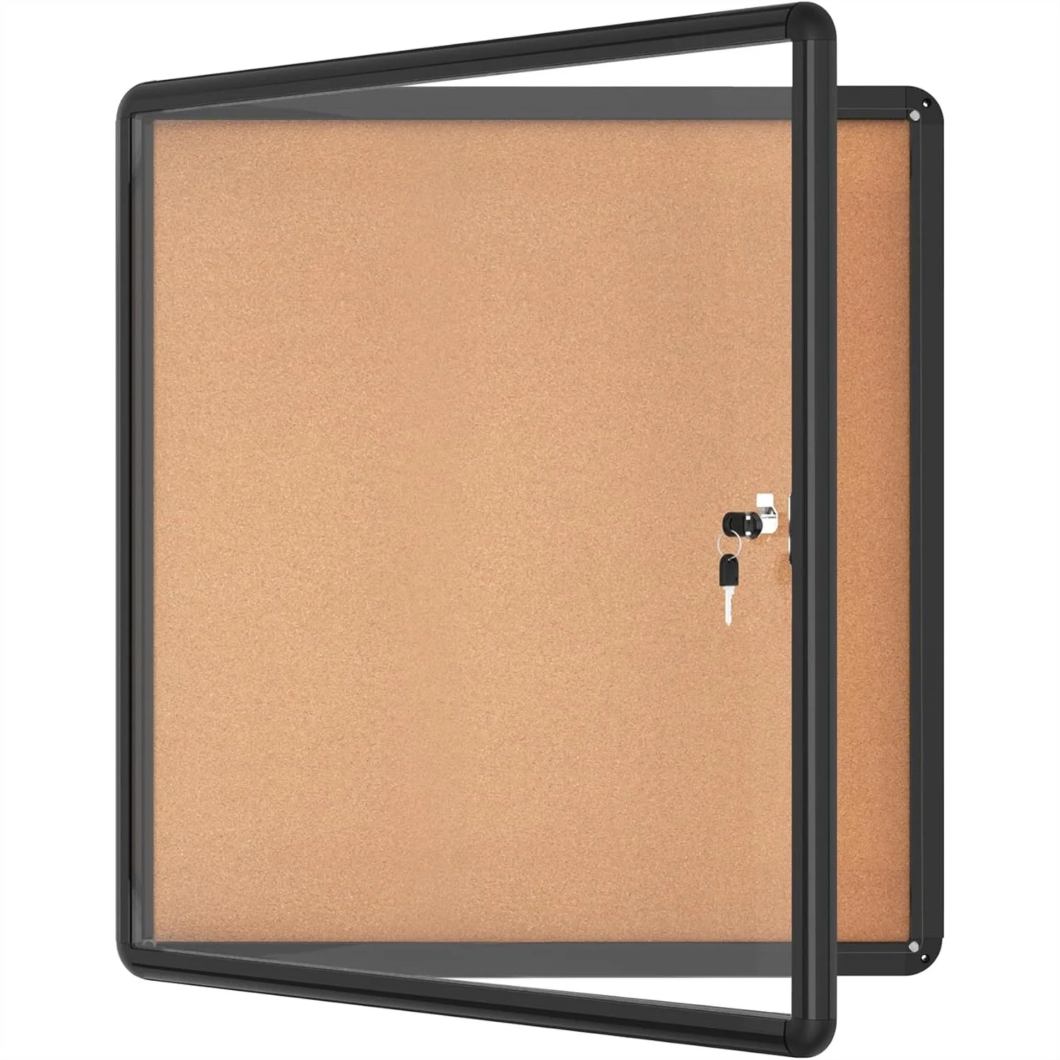 

Enclosed Bulletin Board 28x26, Lockable Weather-Resistant Cork Noticeboard for School & Office, Black Aluminum Frame