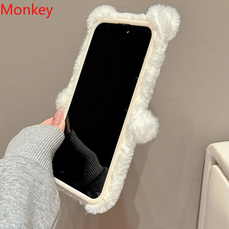 3D Ins Cute Cartoon Backpack Bear iPhone Cases For iPhone 16 Pro Max Case 15 14 Plus 13 12 11 Warm Winter Plush Soft Phone Cover