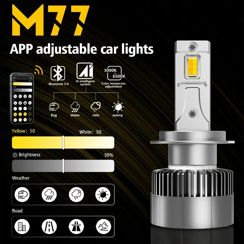 

M77 Mobile APP Adjustable Color Temperature Car LED Headlight Dual Copper Tube LED Car Light Fog Light White Yellow H1 H11 9006