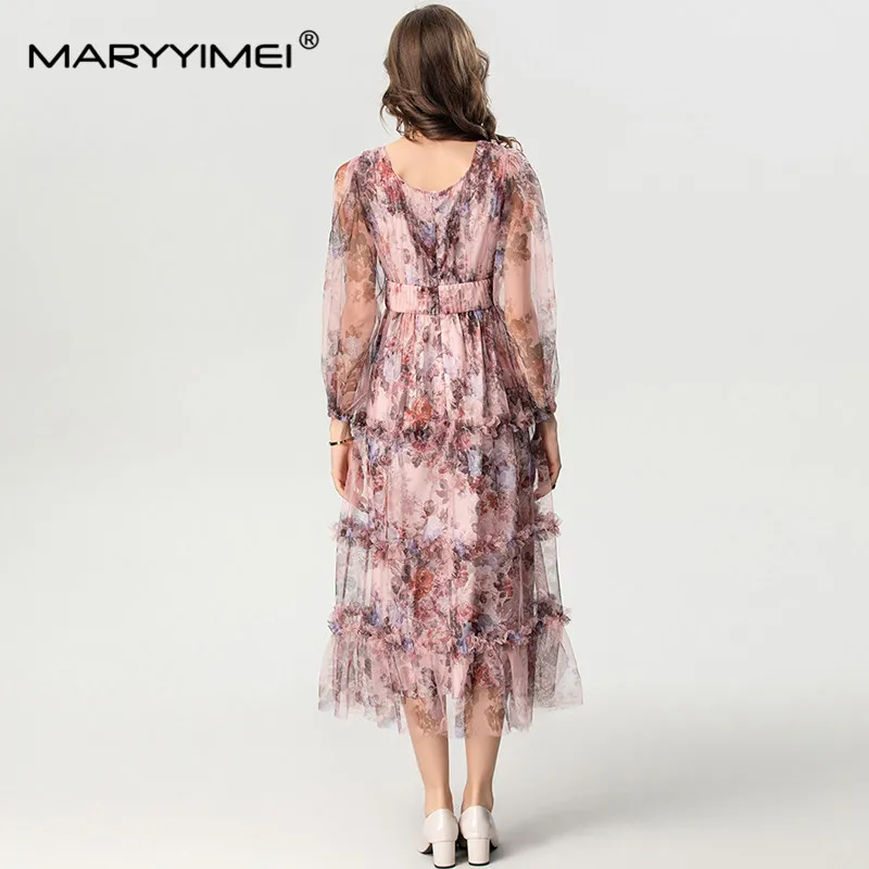 Mary yimei-vestido de baile con cuello en V para mujer, manga de linterna, empalme de malla, borde de hongos de árbol comestible, vestidos de fiesta de vacaciones, otoño