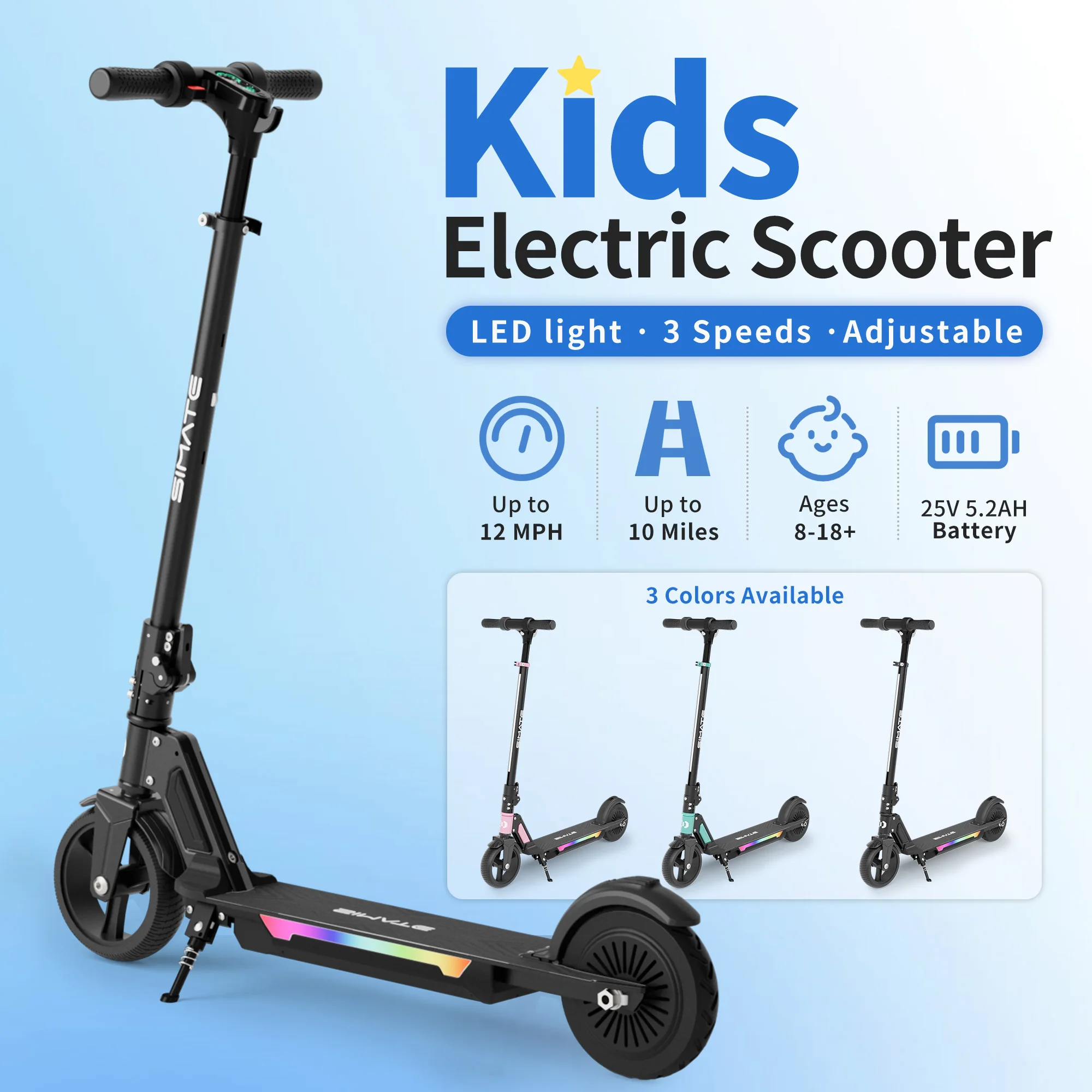 SIMATE Classic Foldable Electric Scooter for Kids, Bright Front Lights, Shining Pedal Lights, LED Display, Dual Brakes 250W Motor