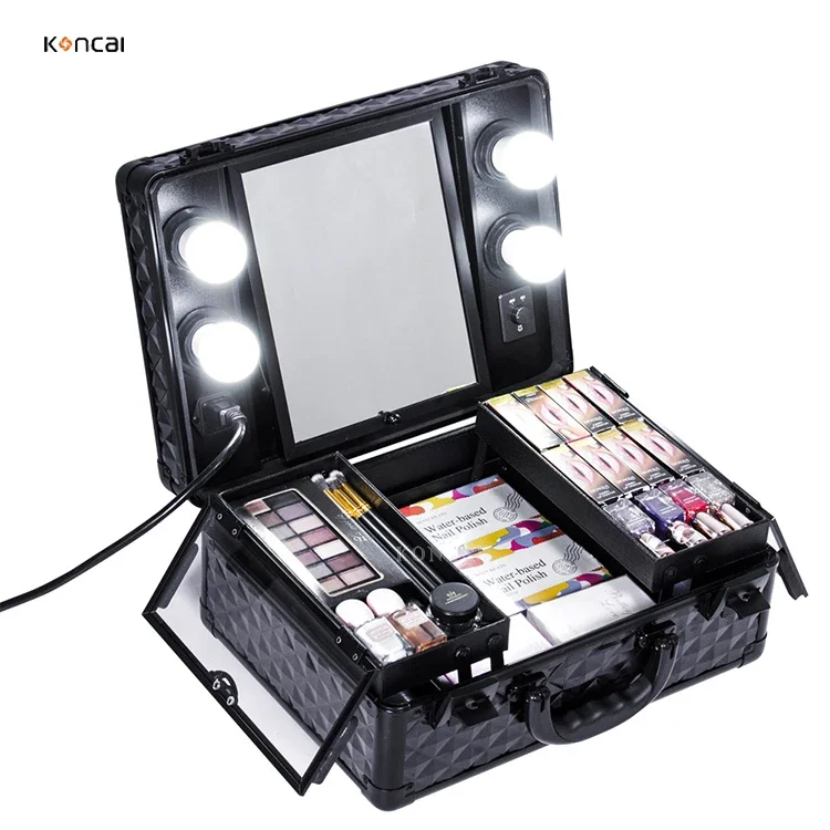 KONCAI professional aluminum make up suitcase travel cosmetic organizer portable beauty box makeup storage case with mirror LED