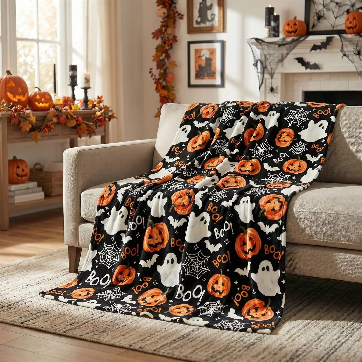 Horaldaily Halloween Flannel Blanket Throw,Black Pumpkin Goblin Bat Boo Spider Web Hallowmas Soft Fuzzy Plush Cozy Fleece Blankets for Couch Sofa Bed Decor, Ideal Gifts for Kids Adults 50x60