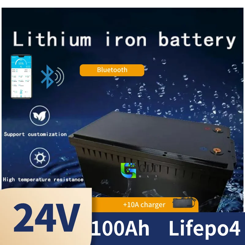Waterproof 24V 100AH lifepo4 Lithium Battery Bluetooth BMS APP for 2400W Motorhomes Solar Energy RV EV AGV + 10A Charger