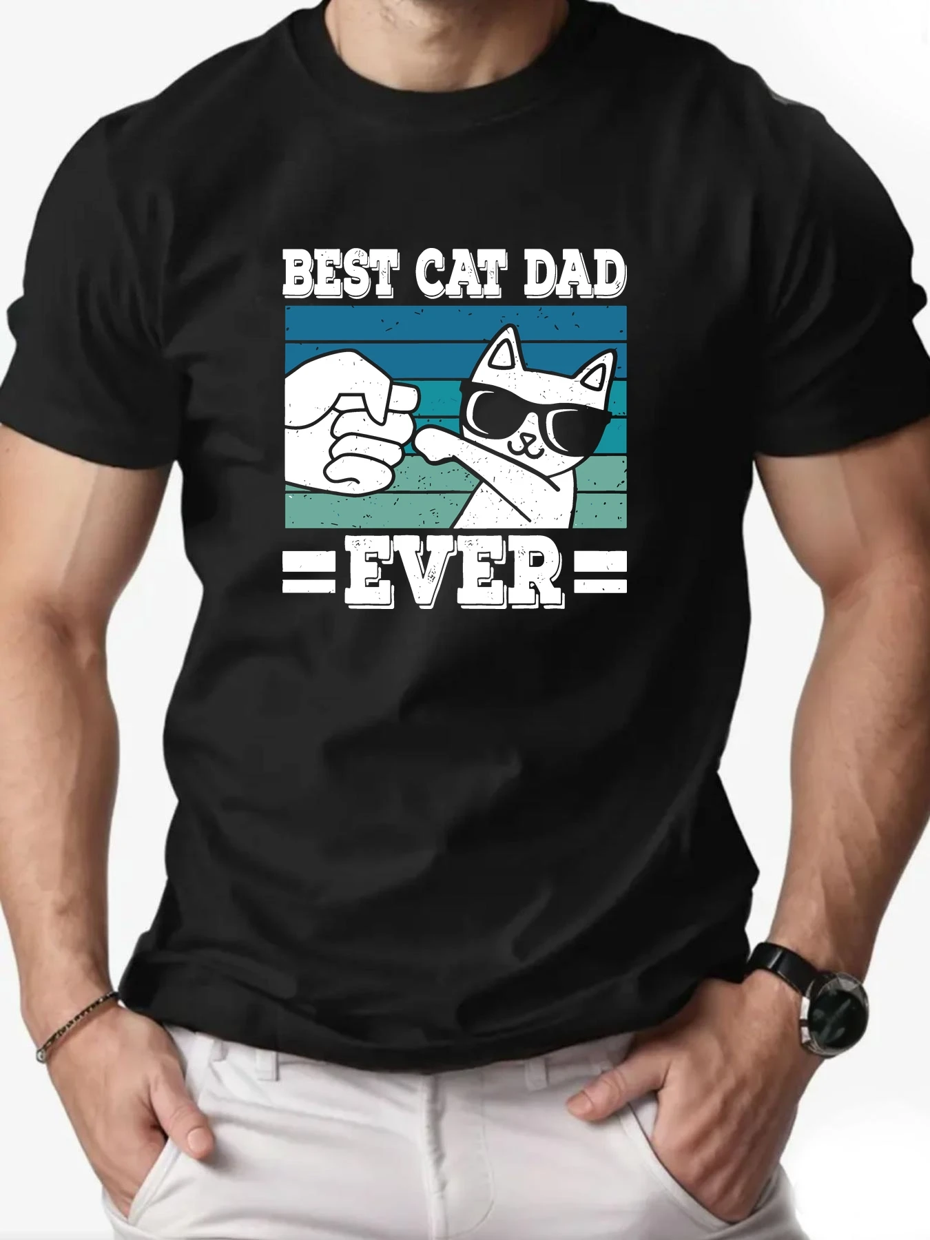 

Summer Men 100% Cotton Kitten Pattern Print Summer Breathable Round Neck Loose Short Sleeve Casual Daily Wear Tee Top